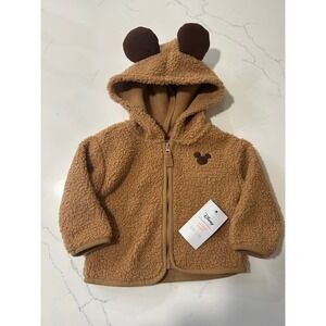 NEW Disney Jumping Beans Mickey Mouse Brown Sherpa Fleece Zip Up Hoodie 6M